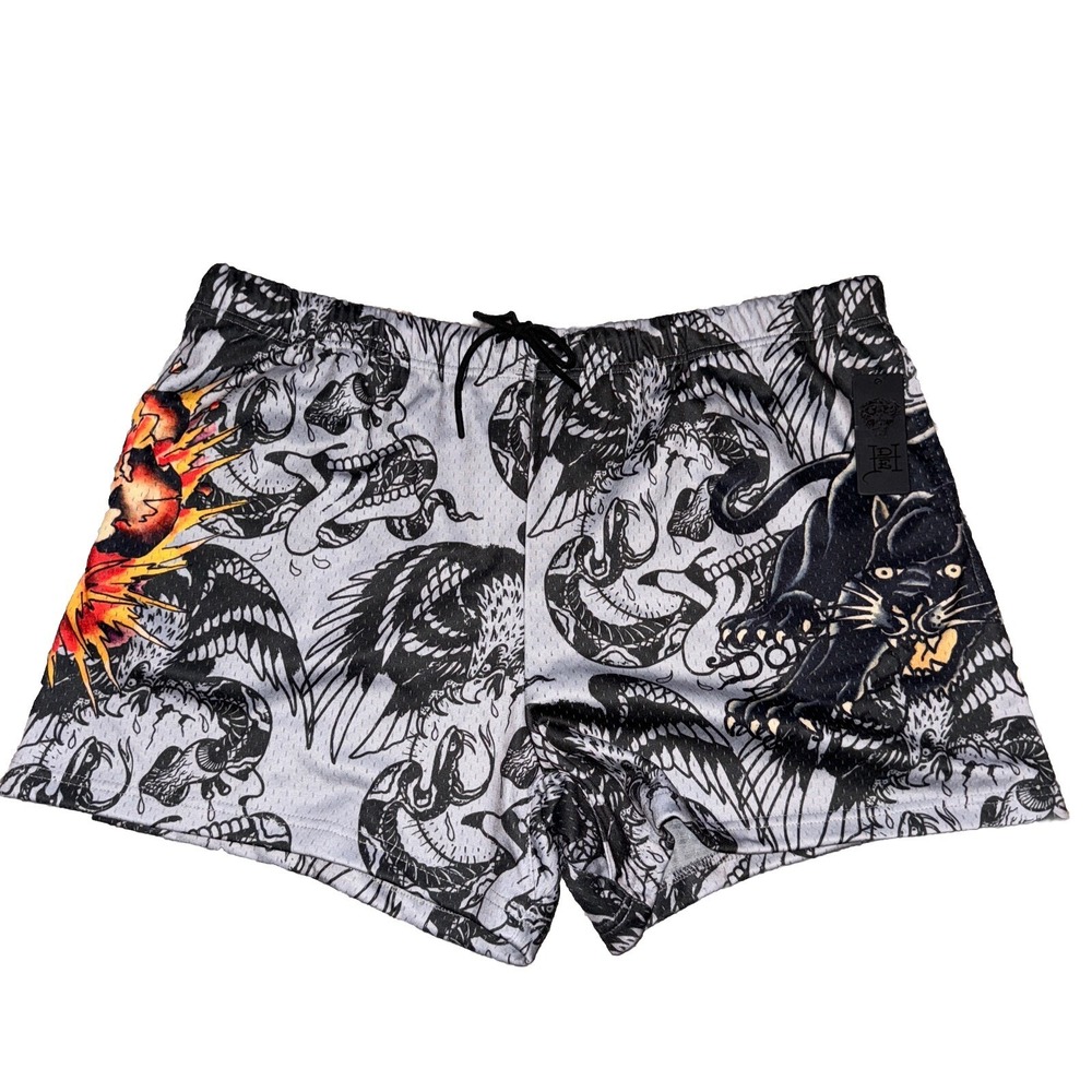 NWT Ed Hardy Christian Audigier‎ Mesh Mens Shorts Sz XXL Gray Panther  Tattoo